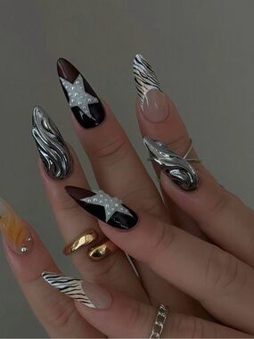 Handmade Black Silver Press On Nails | Reusable Long Stiletto Nail Set size S